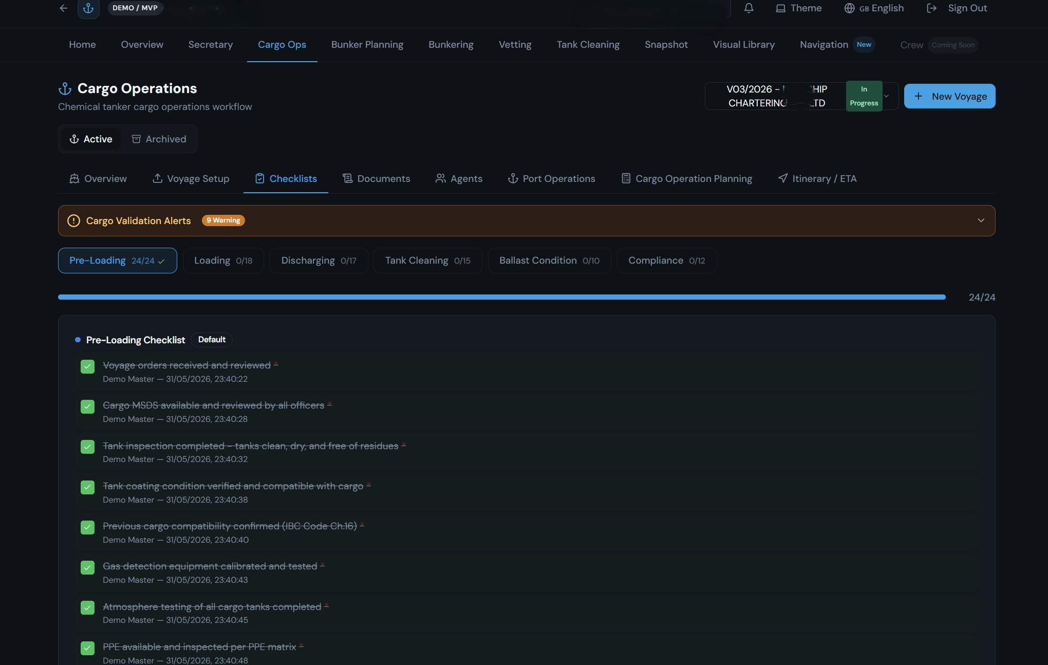 GIO cargo operations interface